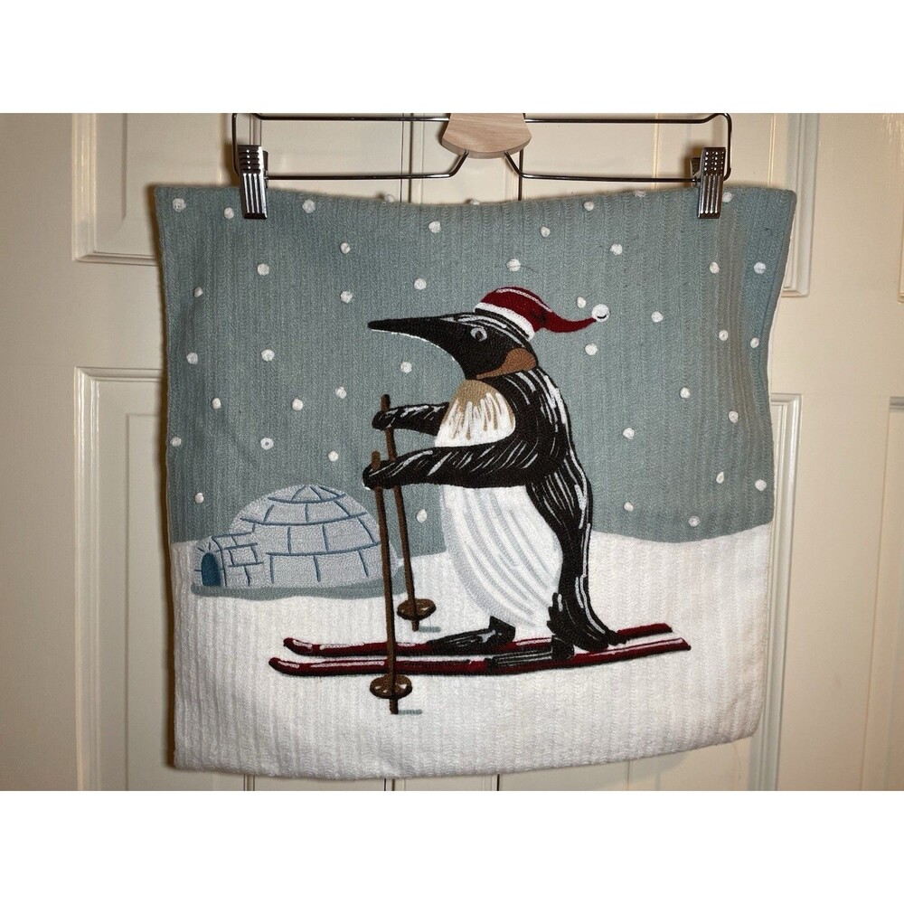 Pottery Barn Christmas Skiing Penguin Crewel Embroidered Pillow Cover Blue 18x18